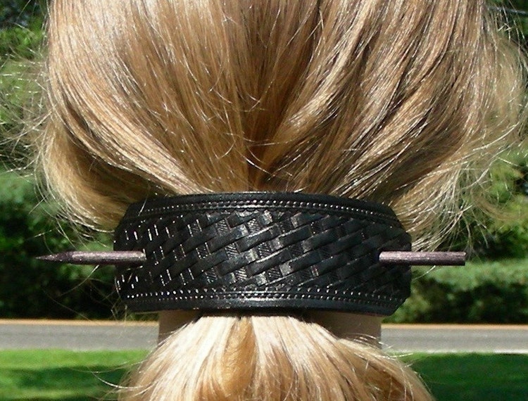 Retro Leather Hair Barrettes with Sticks by ExpressionsInLeather