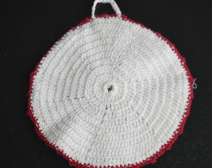 Vintage Crocheted Red and White Flower Potholder Hot Pad