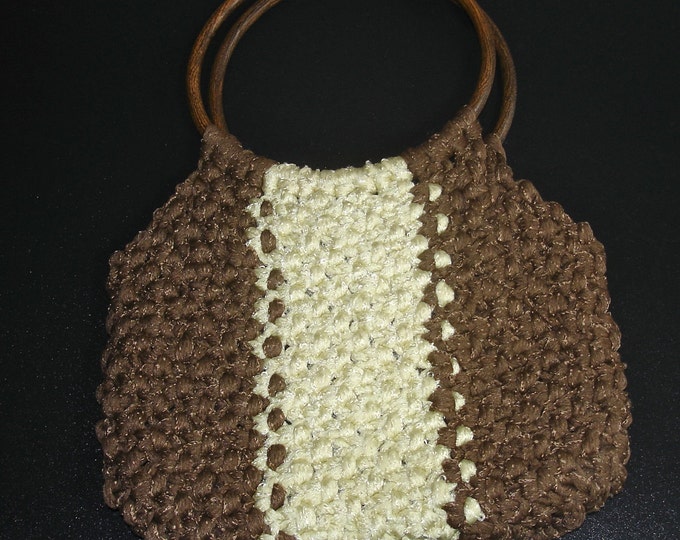 Vintage 1970s Cocoa Brown Beige Macrame Handbag Purse Round Handles