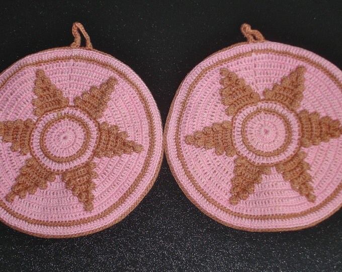 Pair of Vintage 6-Pointed Star Pink Potholders Hot Pads