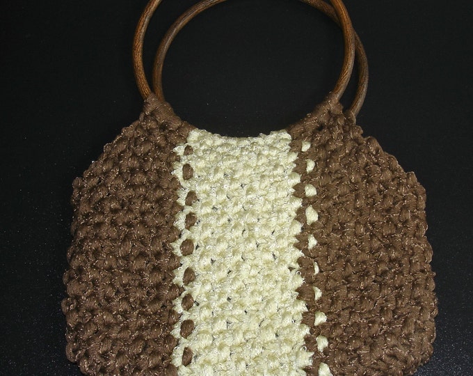 Vintage 1970s Cocoa Brown Beige Macrame Handbag Purse Round Handles