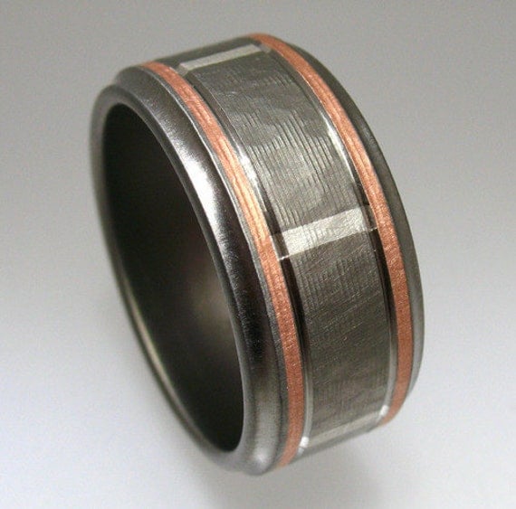 Hammered Titanium Silver Rose Gold Wedding Ring
