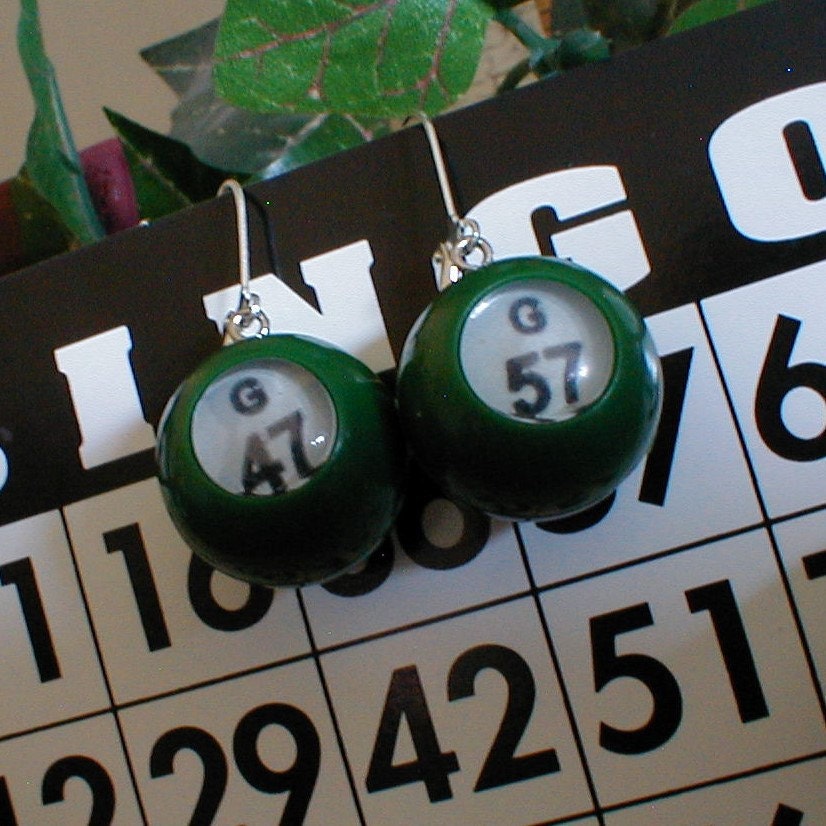 LUCKY BINGO EARRINGS Green Bingo Ball by BlythHouseCreations