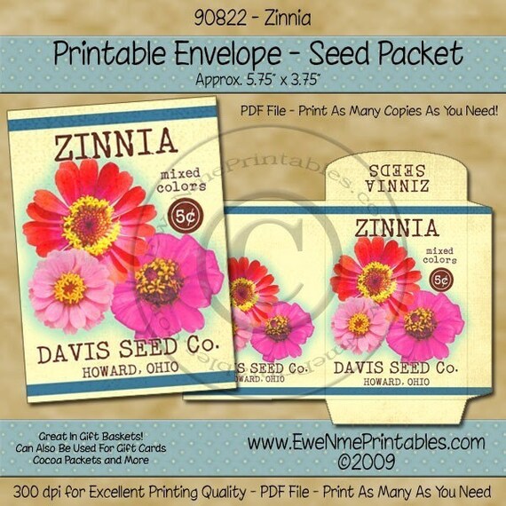 Printable Seed Packet Vintage Zinnia U-Print PDF File