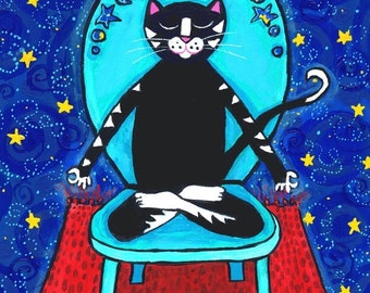 Yoga Cat, starry sky, Follow your Bliss..Print..Shelagh Duffett