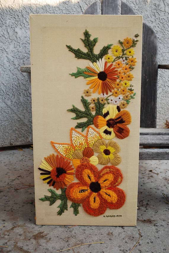Vintage Crewel Embroidery Wall Hanging