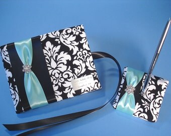 Personalized Damask Wedding Guest Book and Pen with your Custom Accent Color, Rhinestones and Personalized Engraving