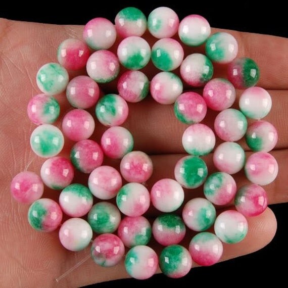 Pink and Green JADE Loose Gemstone Beads 8MM ROUND FULL