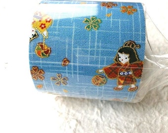 Japanese Fabric Tape Plum Blossoms Little Girls Playing Light blue