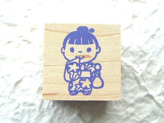 Cute Japanese Rubber Stamp Cute Girl in Summer Festival