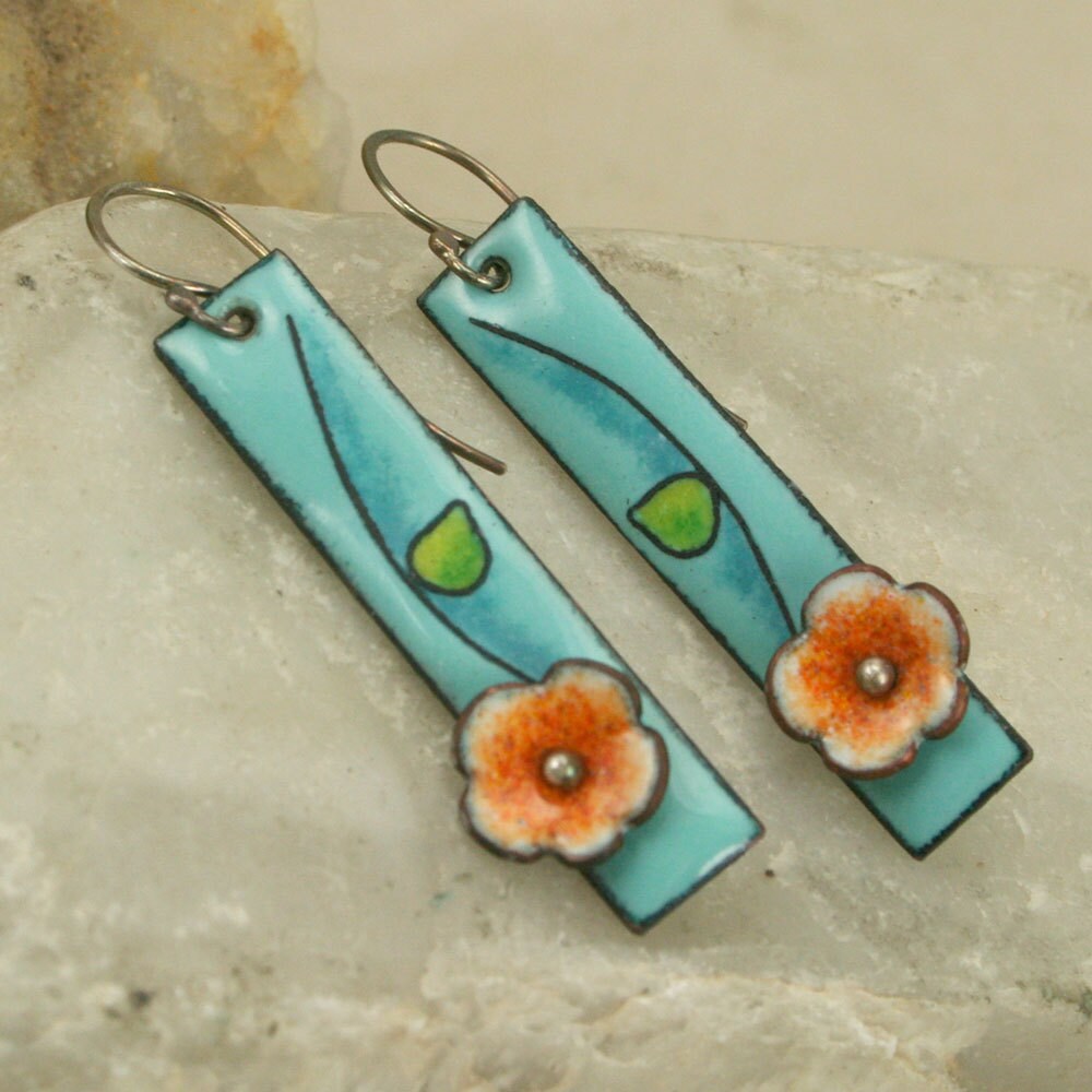 Handmade Flower Copper Enamel Earrings Sky Blue Floral