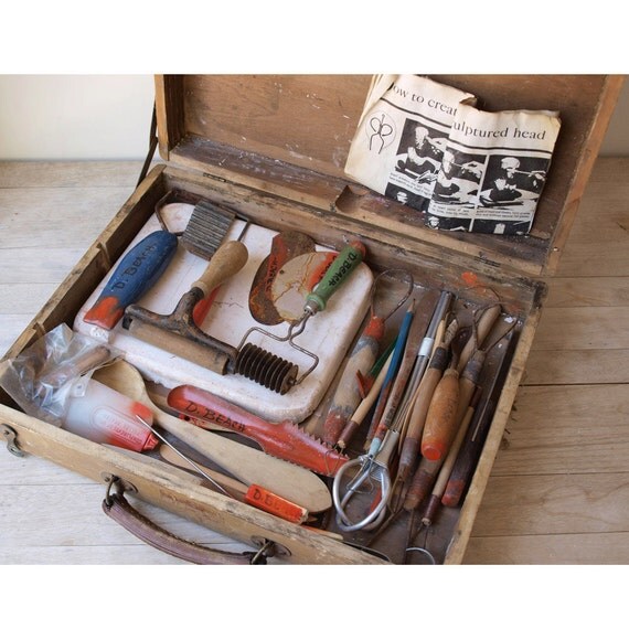 Vintage Artist's Ceramics Tools with Wood Box