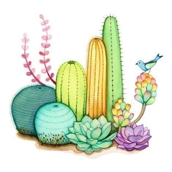 Watercolor painting Wall art print Cactus garden