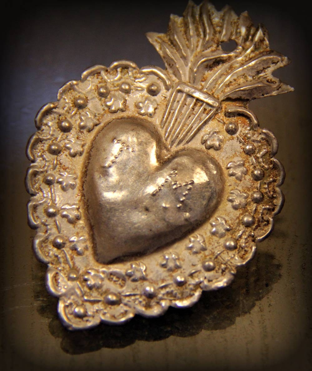 Beautiful Antique Silver Milagro Sacred Heart from South