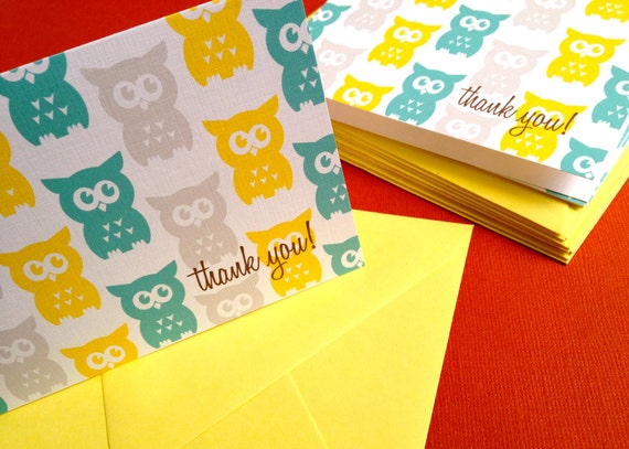 Owl Thank You Cards In Yellow Set Of 6