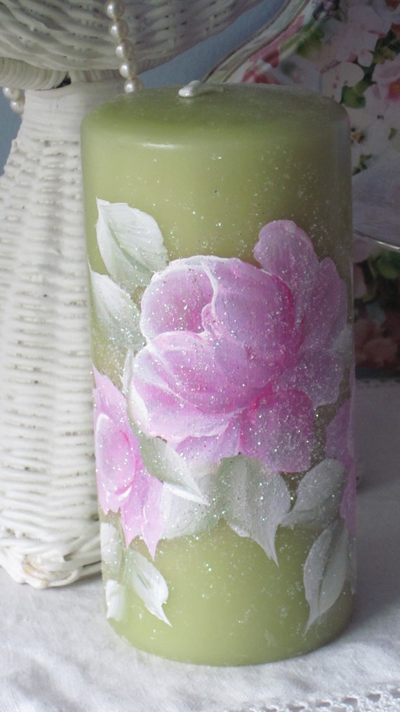 Shabby Chic Sage GREEN 6 PILLAR Candle Hand Painted Pink