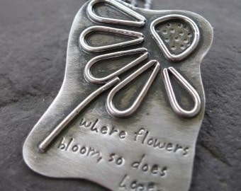 sterling silver line art daisy pendant . (( Where Flowers Bloom, So Does Hope )) . metalsmith jewelry . silversmith pendant . READY TO SHIP