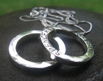 personalized petite circle pendants in thick hammered sterling silver . (( Brag Tags )) . set of 2 . engraved names & birthdates