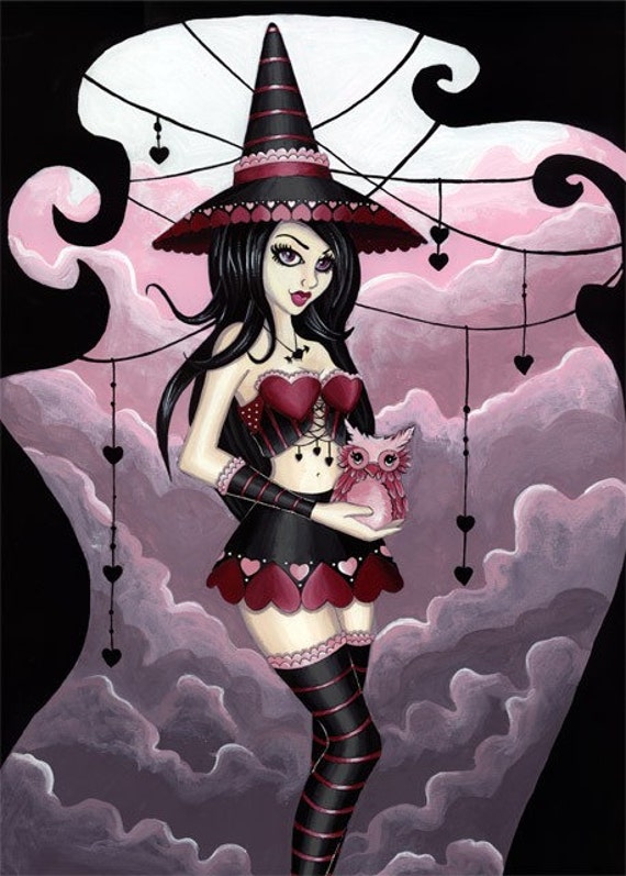 Items similar to Valentine Witch ACEO Print Fantasy Art Owl Heart