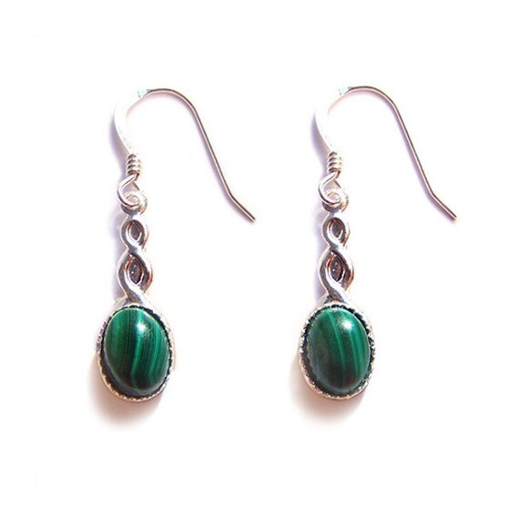 Sterling silver Celtic earrings Green malachite with a