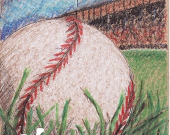 ACEO PRINT Baseball Colored Pencil Drawing