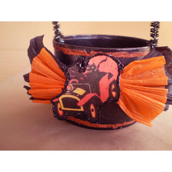 Halloween Decoration Trick or Treat Bucket vintage style witch black cat