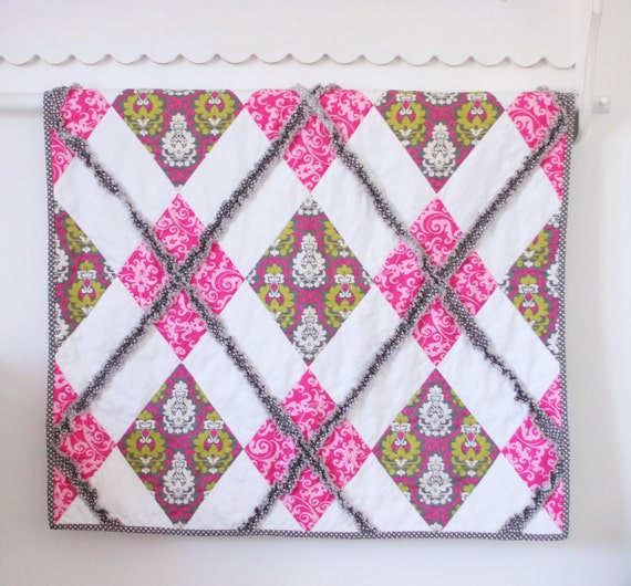 Argyle Baby Ruffle Quilt in pink gray and lime