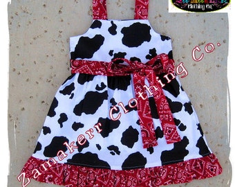Custom Boutique Clothing Cute Girl Cow N Bandana Aline Jumper Ruffle Dress 3 6 9 12 18 24 month size 2T 2 3T 3 4T 4 5T 5 6 7 8
