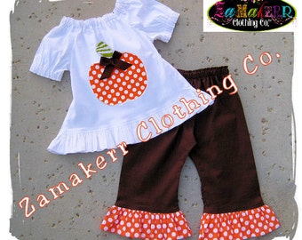 Girl Fall Thanksgiving Pumpkin Outfit Custom Boutique Clothing Peasant Dress Top Ruffle Pant Set 3 6 9 12 18 24 month size 2T 3T 4T 5T 6 7 8