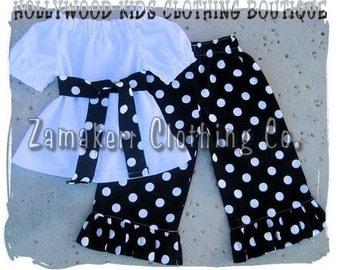 Custom BoutiqueClothing White Peasant Dress Top Black Polka Dot Ruffled Pant Outfit Set Set 3 6 9 12 18 month 2T 2 3T 3 4T 4 5T 5 6 7 8