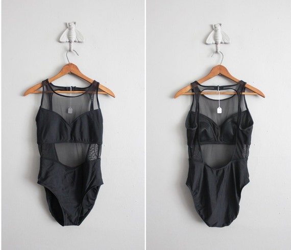 1980s vintage illusion black mesh swimsuit
