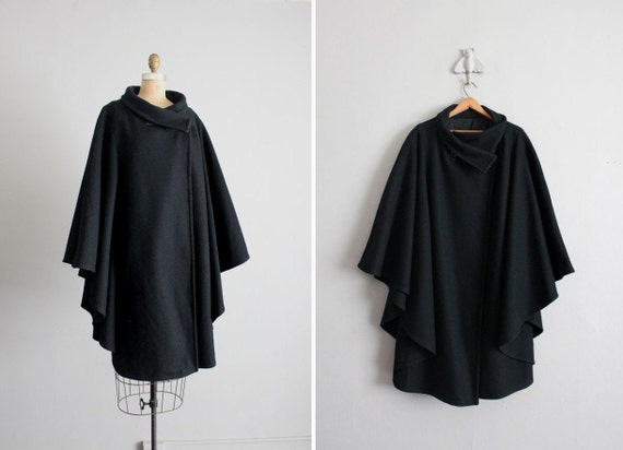 1980s vintage simple black wool cape coat