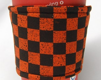 Coffee Cozy/Cup Sleeve Eco Friendly Slip-on, Teacher Appreciation, Co-Worker Gift, Bulk Discount: Orange and Black Checkered
