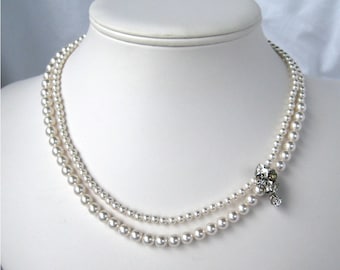 White Pearl Necklace, Vintage Rhinestone Accent, Silver Bridal Necklace, Two Strand Pearl Necklace, Dainty Wedding, Handmade, Emily