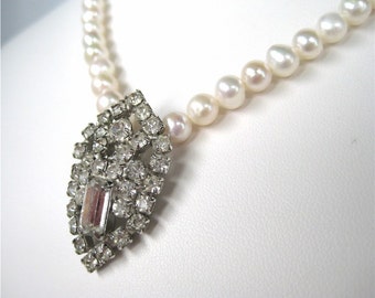 Pearl Necklace, Vintage Rhinestone, Single Strand Light Ivory Freshwater Pearls, Handmade, Shield
