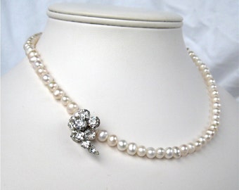 Pearl Necklace, Rhinestone Flower, Single Strand Freshwater Pearl Necklace, Handmade, Emma