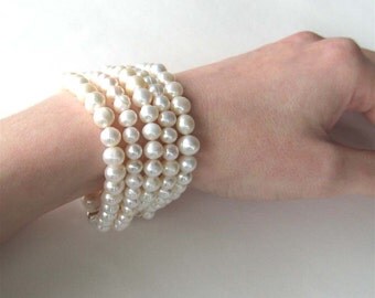 5 Strand Pearl Bracelet, Silver, Freshwater Pearl Wedding Bracelet, Light Ivory Pearls, Bridal Jewelry, Handmade, Lucy