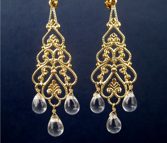 Gold Chandelier Clip On Earrings Clear Teardrops Bridal