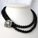 Formal Black Glass Necklace, Sparkly Rhinestone Accent, Two Strand Black Beaded Necklace with Bling, Silver Box Clasp, Handmade, Edith
