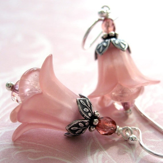 Blush Pink Rose Flower Earrings Soft Salmon Pink Antiqued