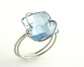 Aquamarine Ring Wire Wrapped Ring Square Ring Chessboard Swarovski Button Ring 12mm Swarovski Crystal Jewelry