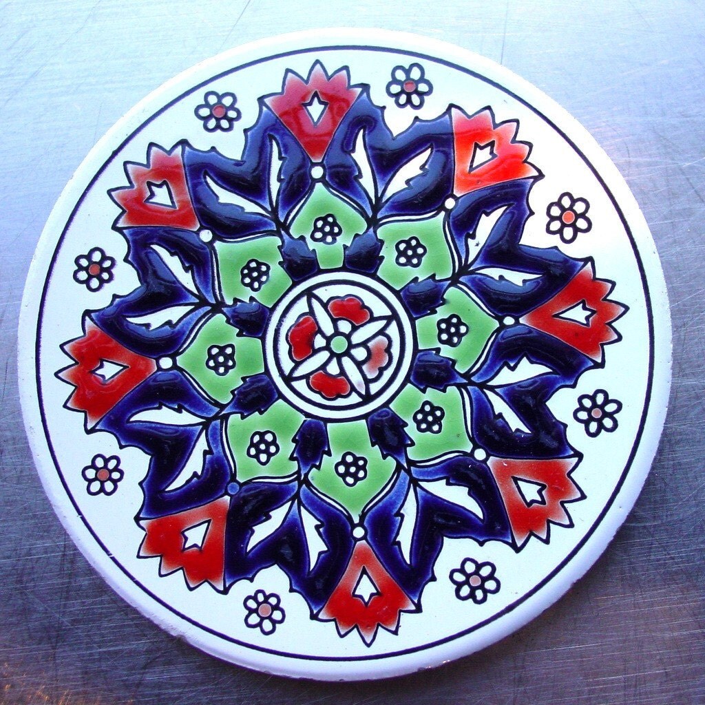 Vintage Greek Folk Art Tile or Coaster