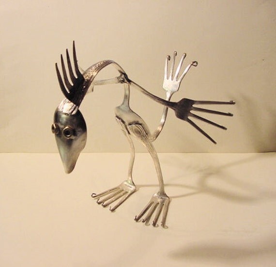 original metal silverware sculpture Rooster ooak recycled