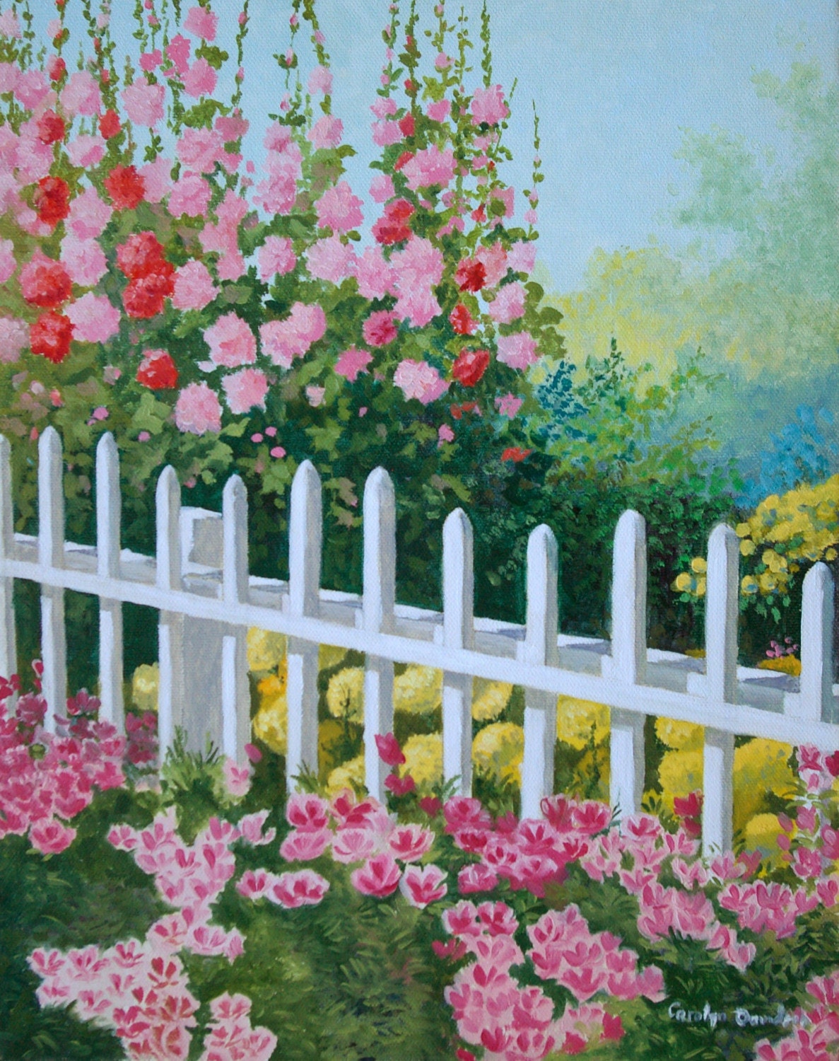 Original Oil Painting Flowers Pickett Fence hollyhocks