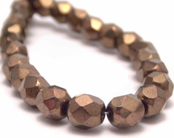 Czech Bead 6mm Dark Bronze Faceted Round Bead - 25 Metallic Bronze Czech Glass Beads