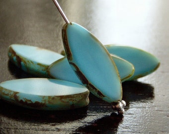 Czech Glass Long Oval Bead Polished Turquoise Blue Picasso : 6 pc Blue Spindle Bead