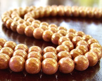 Opaque Rose Gold Topaz Luster 6mm Czech Glass Round Druk Bead : 50 pc