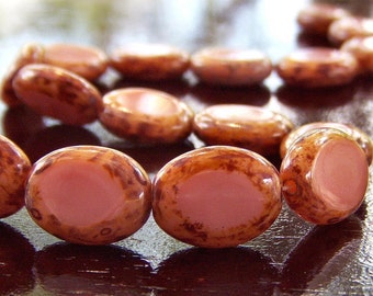 Coral Pink Picasso Czech Glass 12x9mm Oval Bead : 12 pc Pink Oval