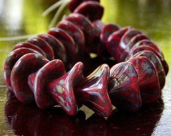 Three Petal Czech Glass Opaque Red Picasso Flower Bead : 12 pc Red Flower Bead