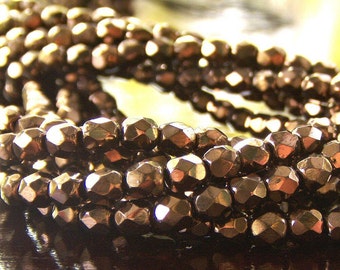 Metallic Bronze Czech Glass Bead Faceted 4mm Round : 50 pc Bronze 4mm Bead